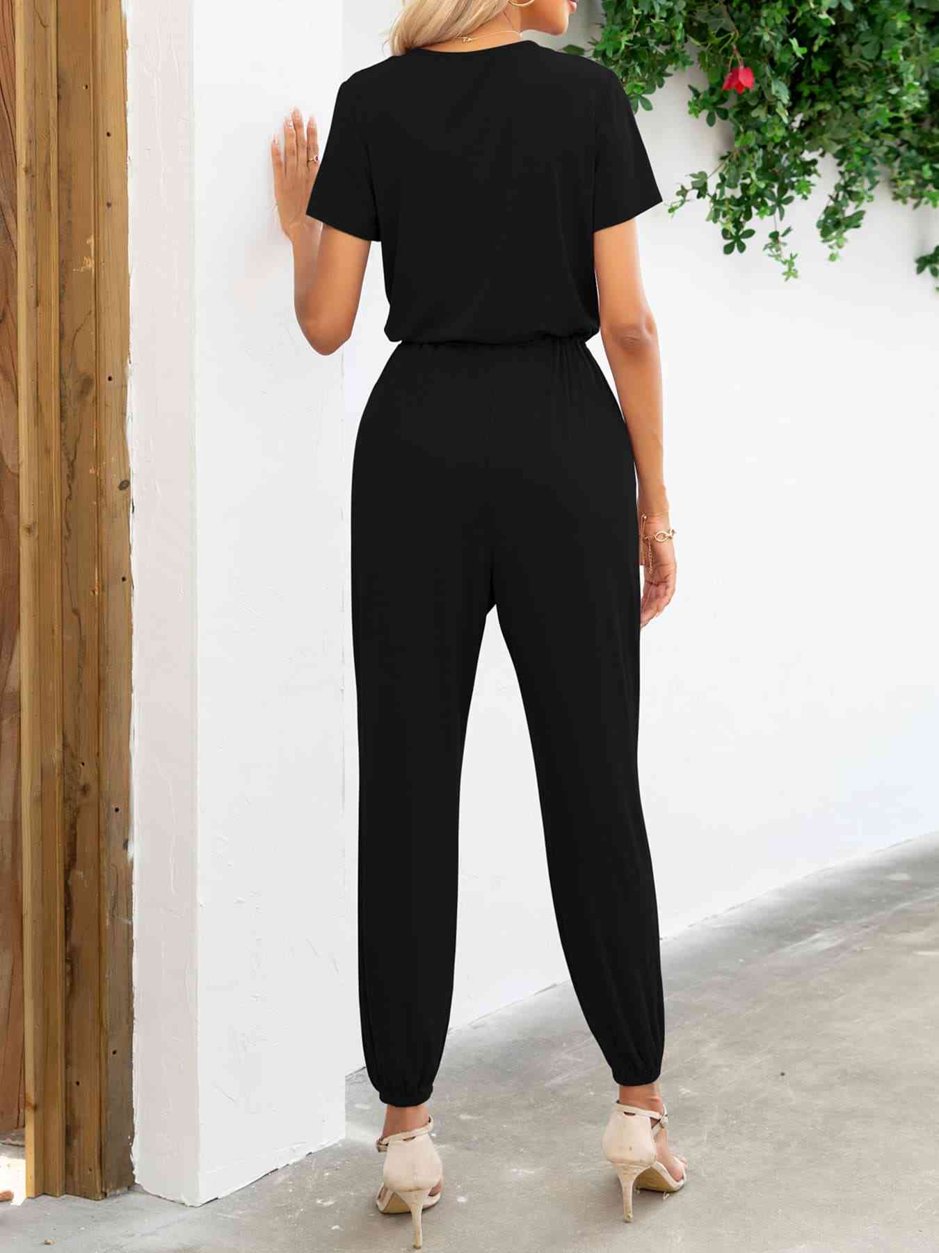 Short Sleeve V-Neck Jumpsuit with Pockets